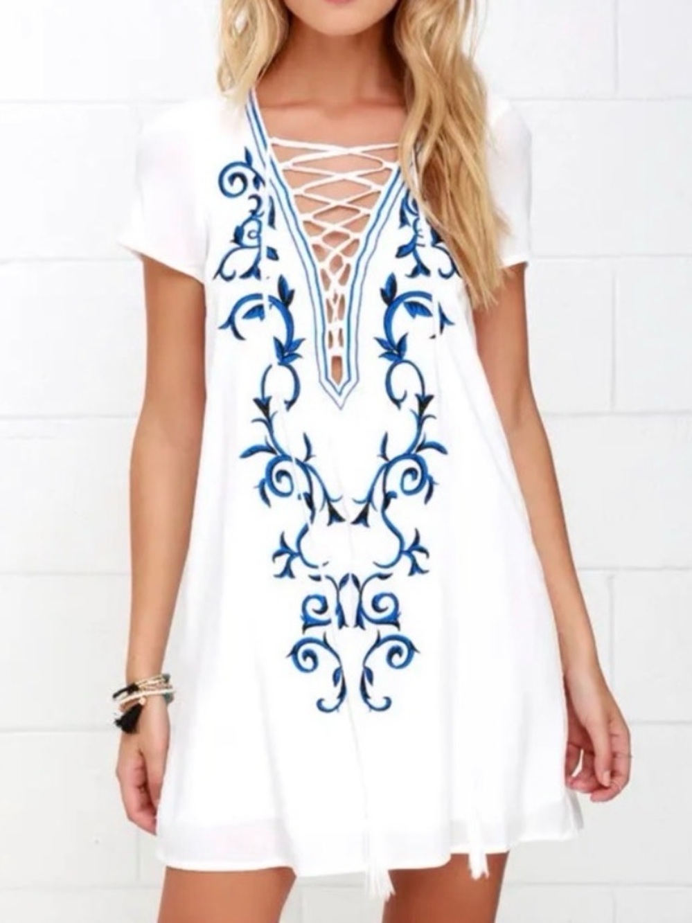 Lulu's White and Blue Mini Dress